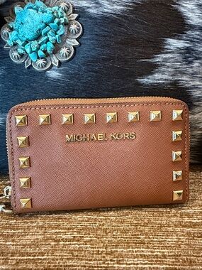 Michael Kors Brown Gold-Stud Zip Wallet